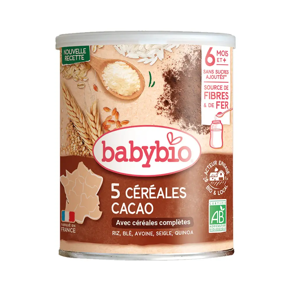 BABYBIO 5 Céréales Cacao Riz, Blé, Avoine, Seigle, Quinoa