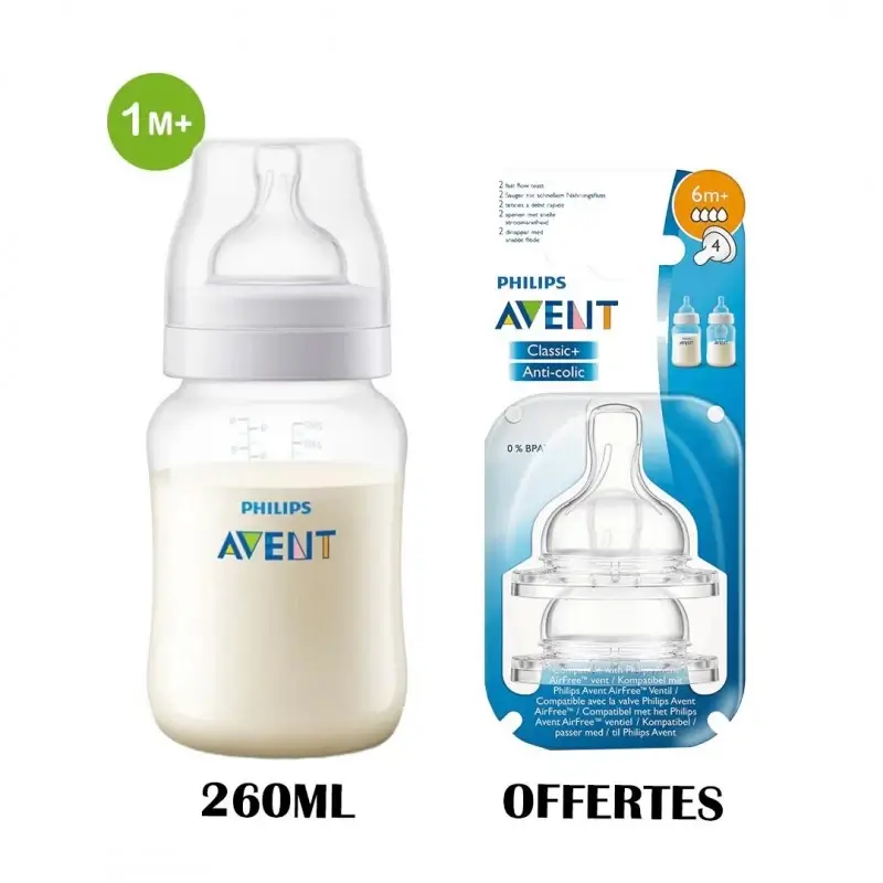 AVENT BIBERON Anti-colic 1M+ 260 ML +Lot de 2Tétines Anti-colic 6m+ offertes