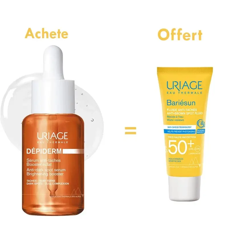 Uriage Depiderm Serum Booster Eclat 30 Ml Achete + bariesun solaire fluide anti taches 40ML Offert
