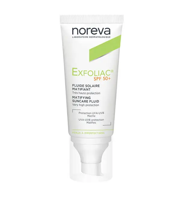 3401397676194 NOREVA EXFOLIAC FLUIDE SOLAIRE MATIFIANT SPF50+ 40ml – Image 1