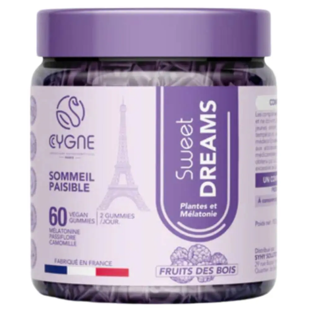 xr:d:DAFwxhVFhuw:2260,j:651192748001808399,t:24032318 Cygne Sweet Dreams Plantes & Mélatonine Sommeil Fruits des Bois – 60 Gummies – Image 1